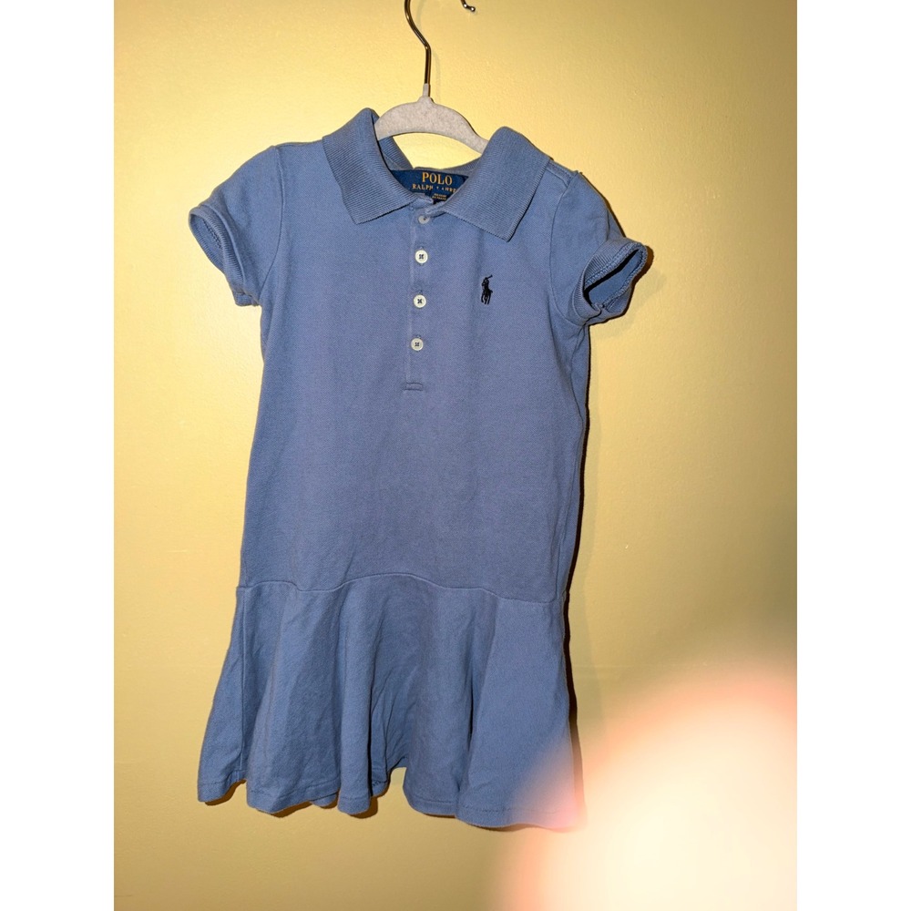 Polo Ralph Lauren Girls Light Blue Short Sleeve Ruffle Hem Polo Dress 3T